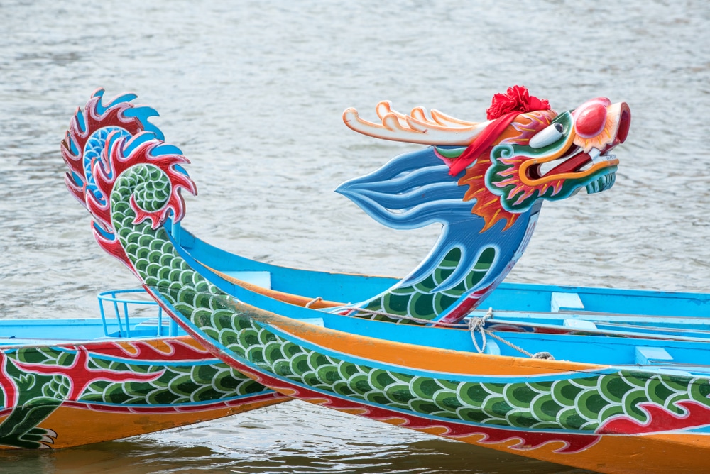 A side view of a dragon boat