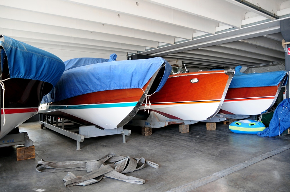 boats stored inside a garage