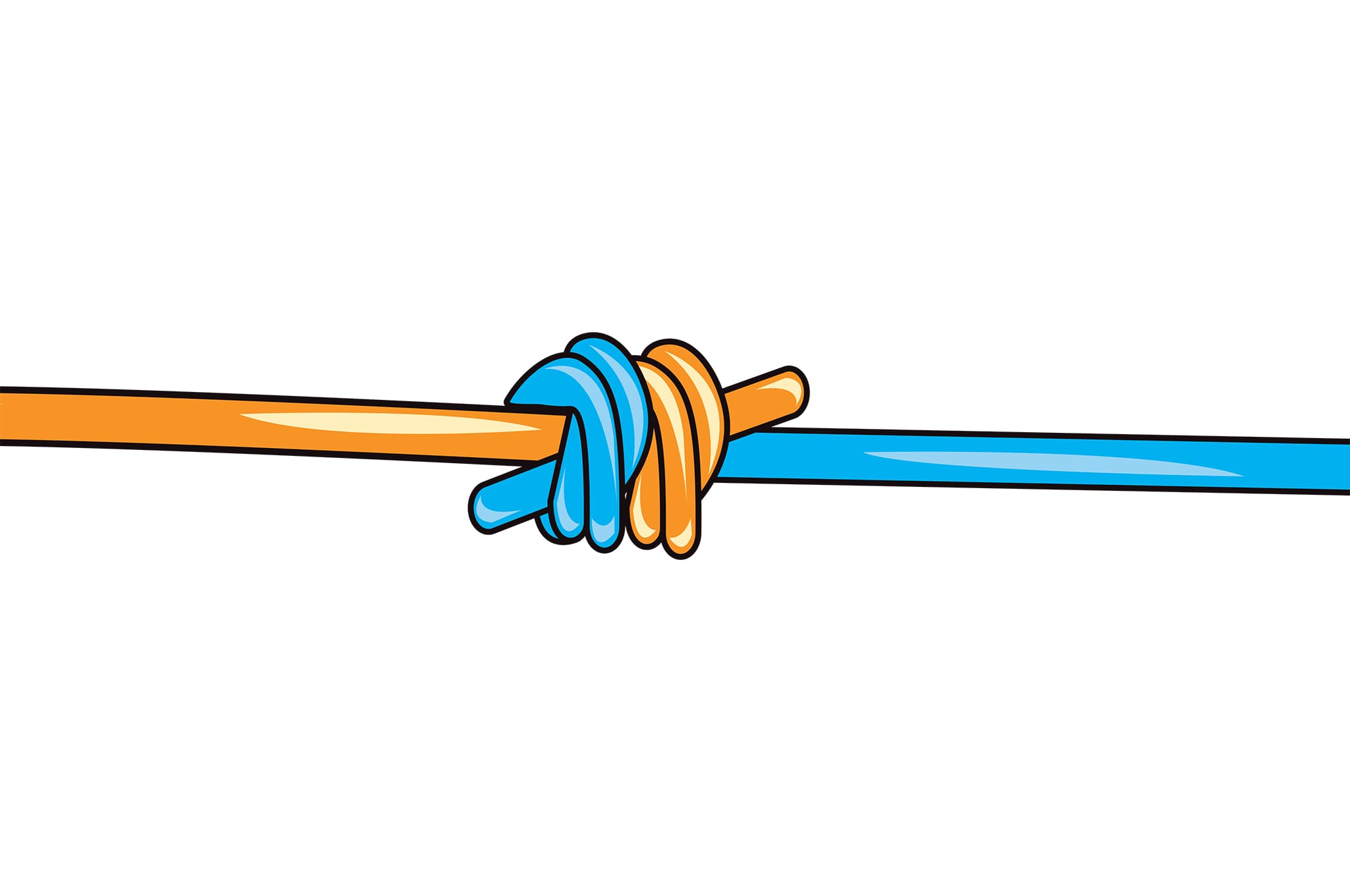 double fisherman knot in orange and blue color rope