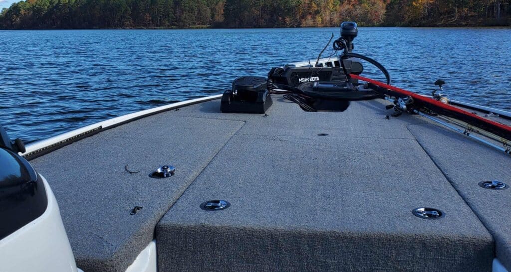 A close view of a bass boat deck in the sea