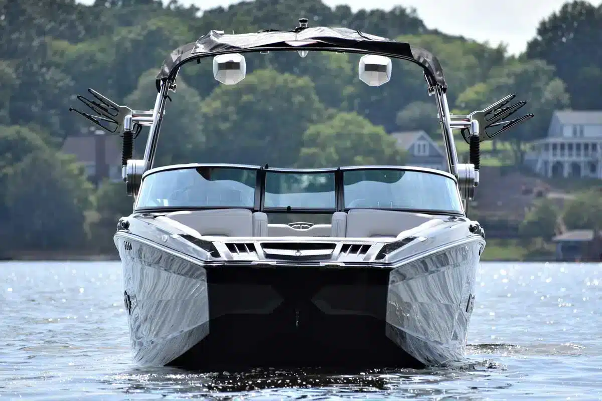 A front view of a yatch boat in sea