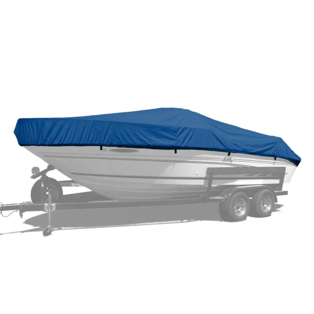 A view of a blue westland select fit boat cover