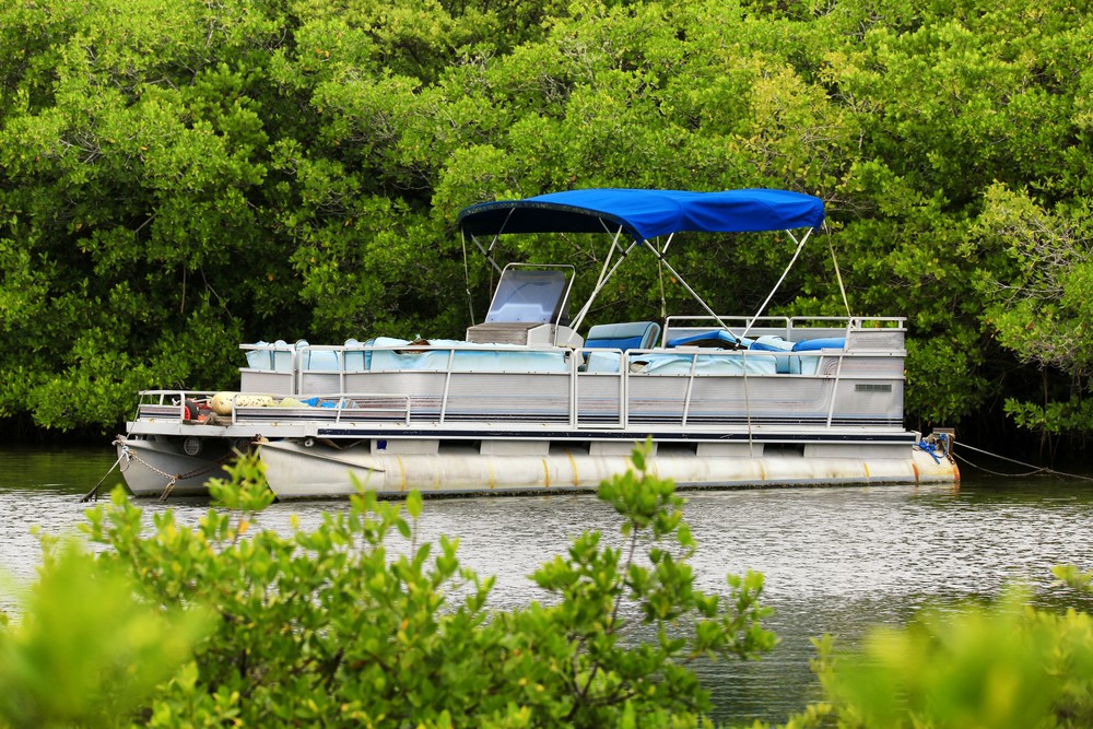 A view of a pontoon boat on land