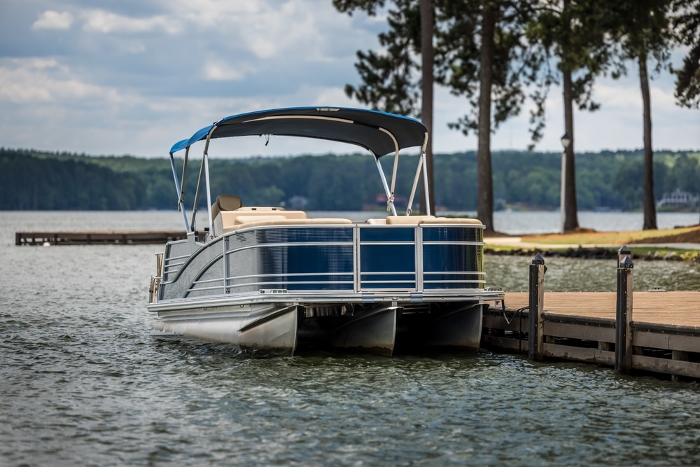 A view of a pontoon boat parked