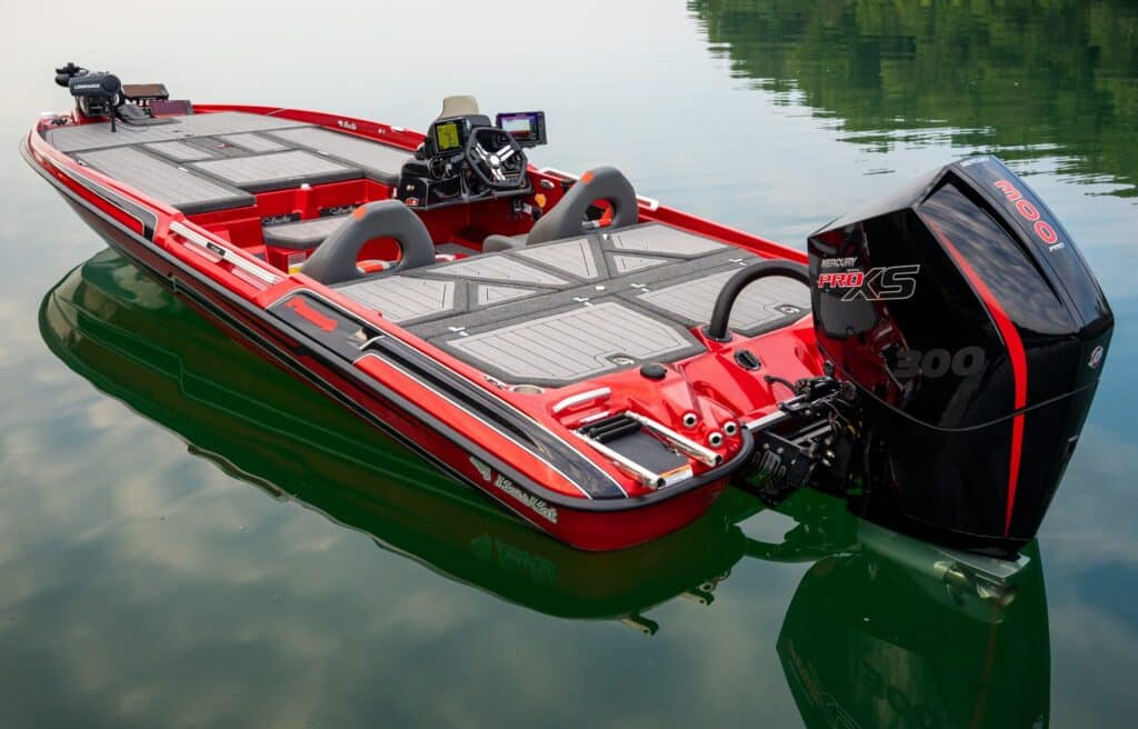 A view of a red best cat puma sts bass boat in the ocean water