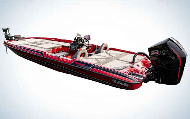 A view of a red bass boat