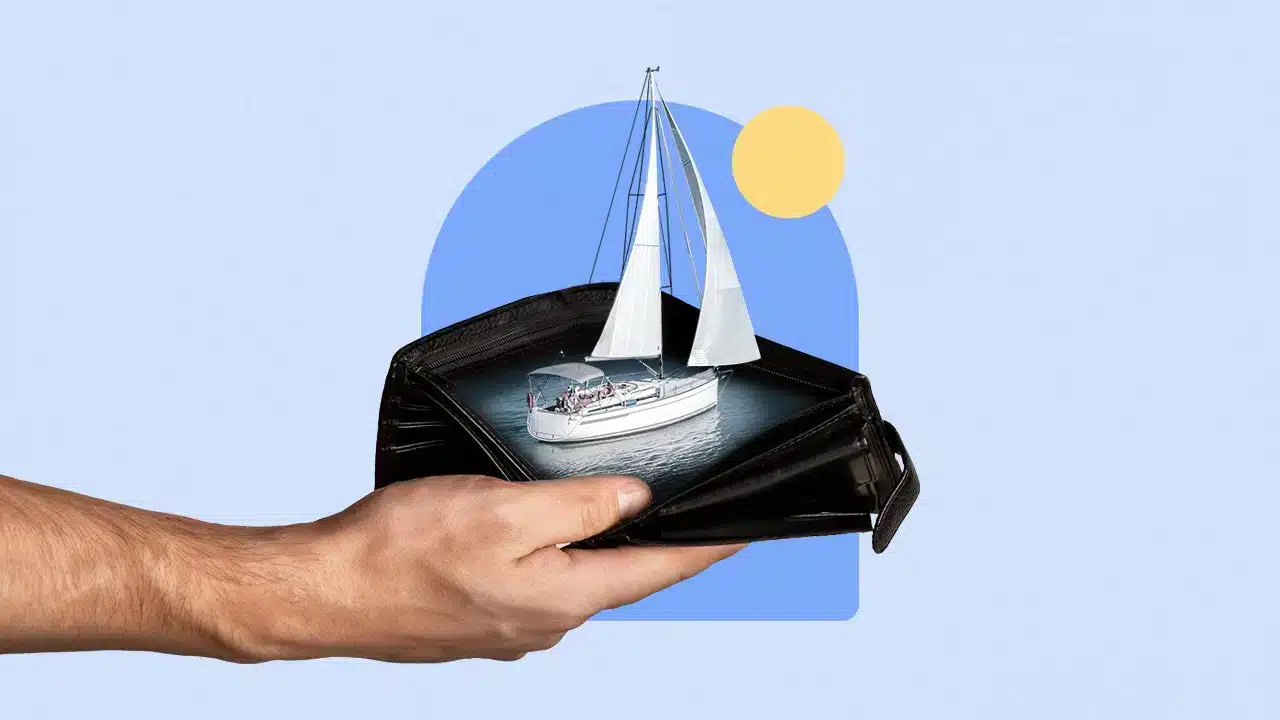 An illustration of a person holding a wallet with a boat sailing inside