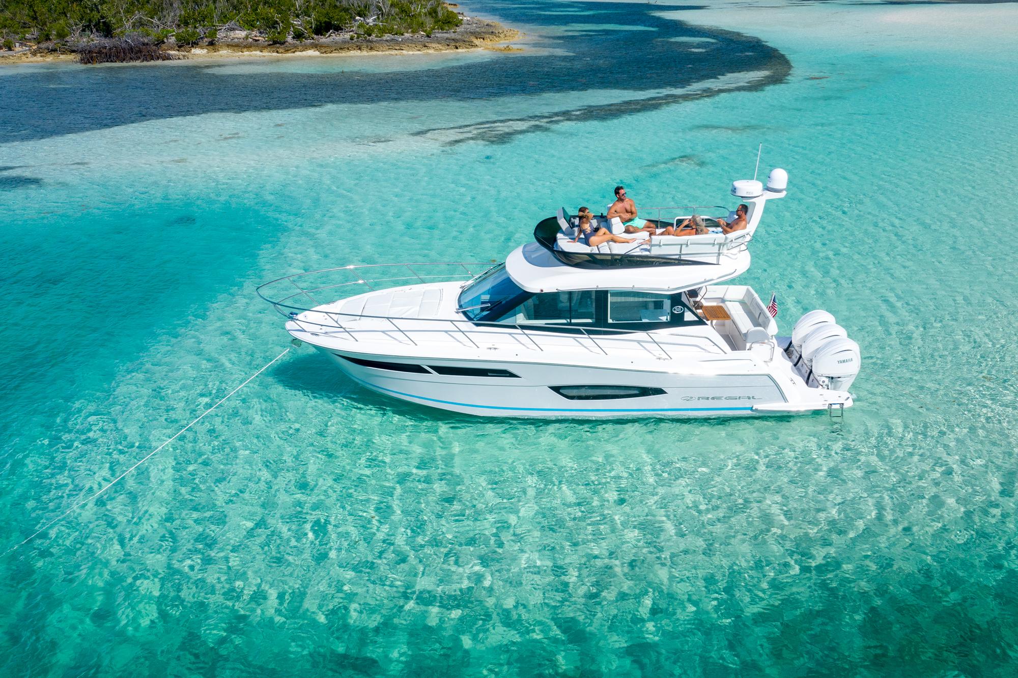 An overhead view of a motor yacht in sea