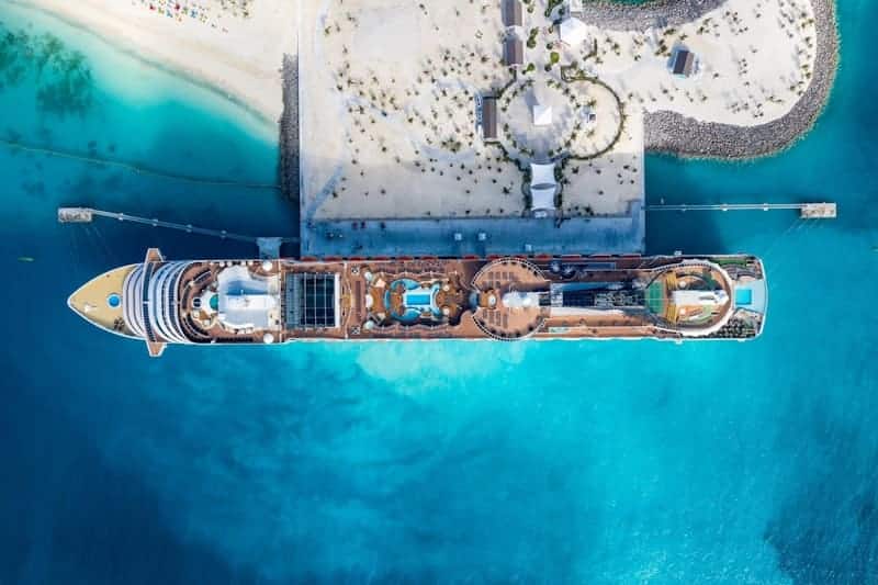 An overhead view of a boat on a port