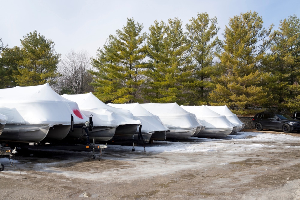 A view of boats covered during the winter season