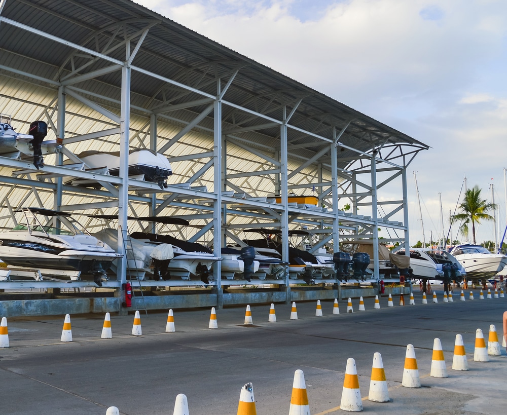 A view of boats inside a boat storage facility